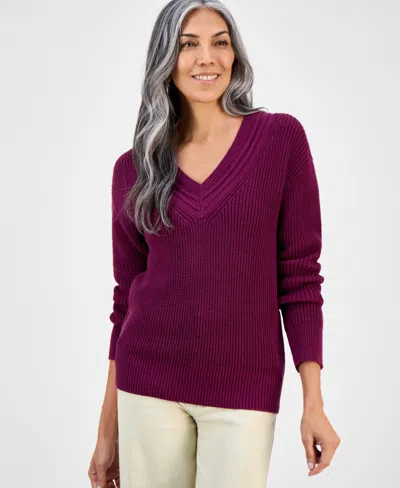 Style & Co Petite Textured Stitch V-neck Sweater, Macy's Exclusive In Purple