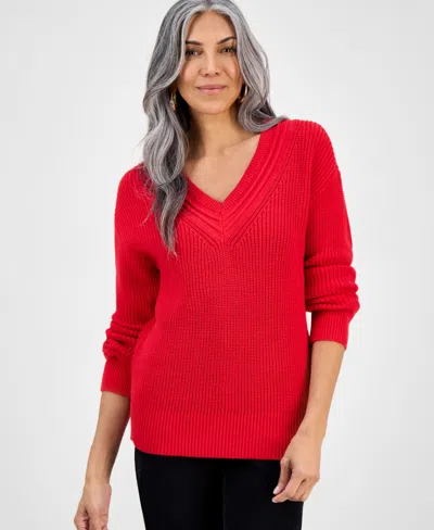 Style & Co Petite Textured Stitch V-neck Sweater, Macy's Exclusive In Red
