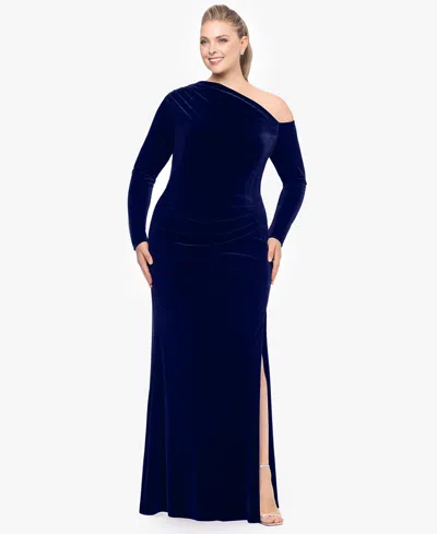 Betsy & Adam Plus Size Cold-shoulder Velvet Gown In Blue