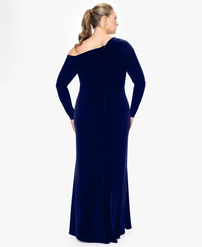 Betsy & Adam Plus Size Cold-shoulder Velvet Gown In Blue