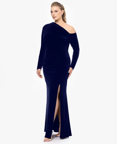 Betsy & Adam Plus Size Cold-shoulder Velvet Gown In Blue