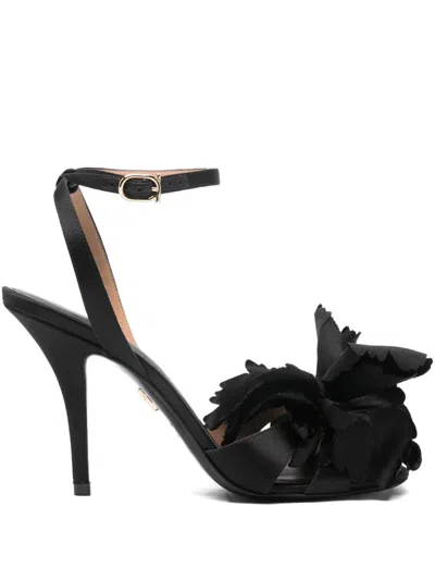 Ferragamo Black Satin Flower Sandals In Black