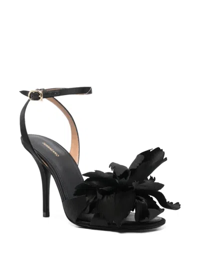Ferragamo Black Satin Flower Sandals In Black