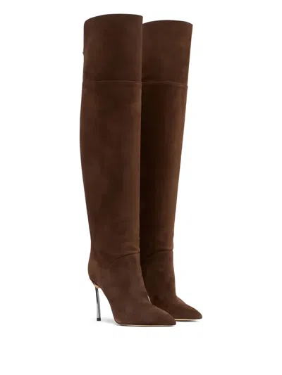 Casadei 100mm Metallic-heel Suede Over-the-knee Boots In Brown