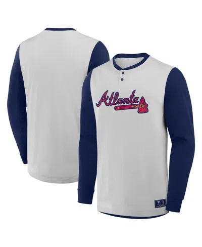 Fanatics Men's Gray/navy Atlanta Braves Clubhouse Long Sleeve Henley Shirt In Blue