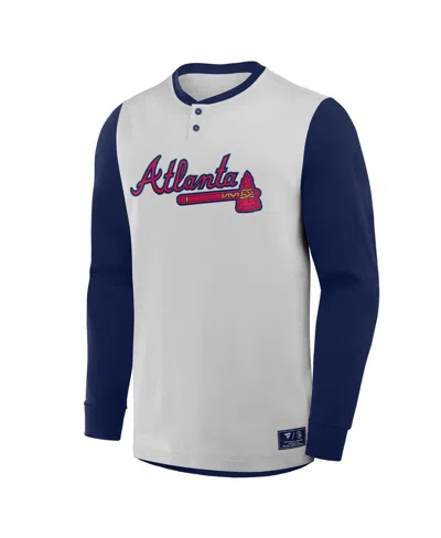 Fanatics Men's Gray/navy Atlanta Braves Clubhouse Long Sleeve Henley Shirt In Blue