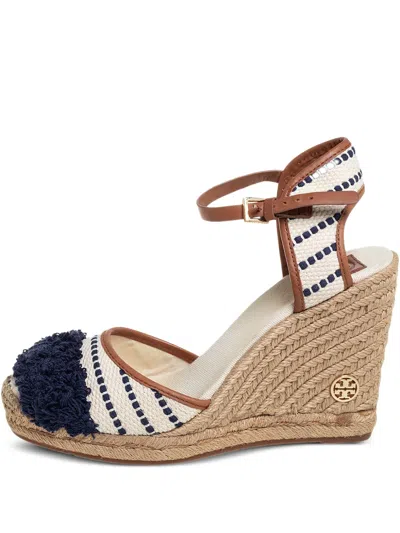 Pre-owned Tory Burch  120mm Pompom-detail Wedge-heel Espadrilles In Neutral