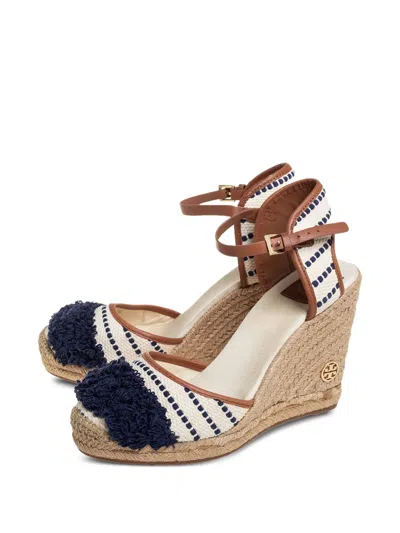 Pre-owned Tory Burch  120mm Pompom-detail Wedge-heel Espadrilles In Neutral