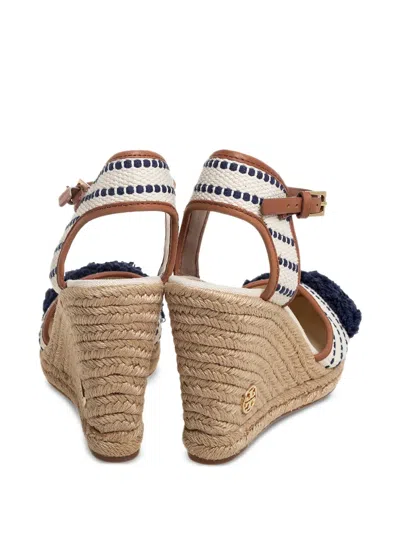 Pre-owned Tory Burch  120mm Pompom-detail Wedge-heel Espadrilles In Neutral