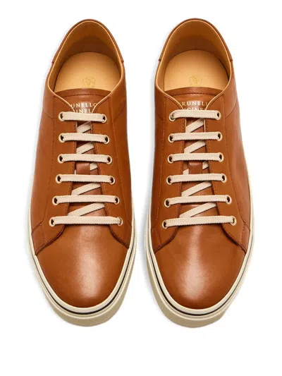 Brunello Cucinelli Leather Lace-up Sneakers In Brown