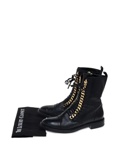 Pre-owned Casadei Vintage  Leather Chain-embellished Boots In Black