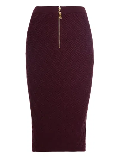 Elisabetta Franchi Diamond Knit Skirt With Merlot Jewel Detail In Burgundy