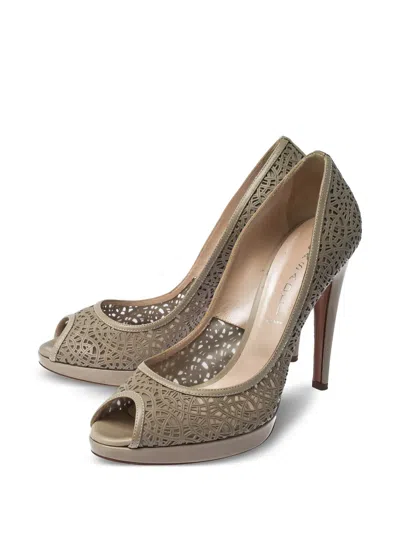Pre-owned Casadei Vintage Perforated Peeptoe Pumps In Gray