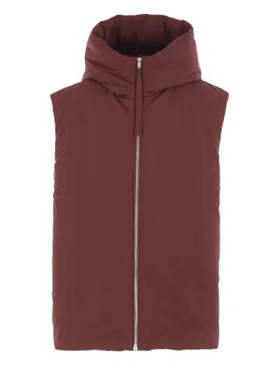 Jil Sander High Neck Hooded Padded Vest In Burgundy