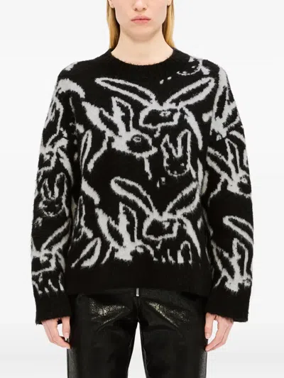 Msgm Sketched Bunnies Sweater In Black