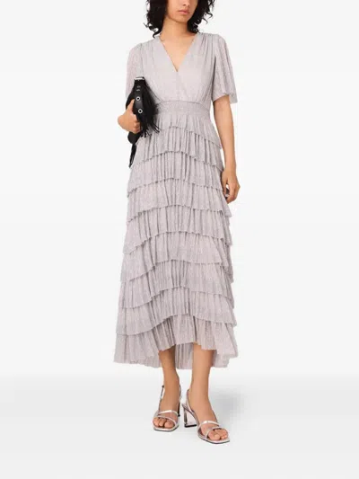 Maje Womens Ruffled V-neck Metallic-woven Maxi Dress Silver In Gray