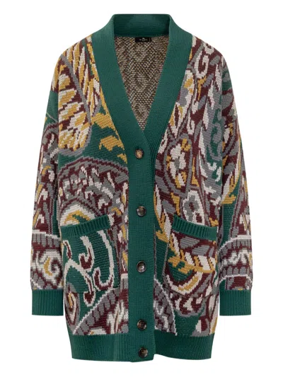Etro Oversized Cardigan With Paisley Pattern In Green