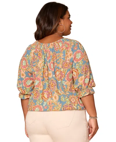 Democracy Plus Size Elbow-sleeve Scoop Neck Top In Multi