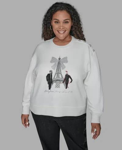Karl Lagerfeld Plus Size Eiffel Tower Crewneck Fleece Sweatshirt In White