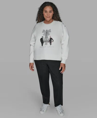 Karl Lagerfeld Plus Size Eiffel Tower Crewneck Fleece Sweatshirt In White