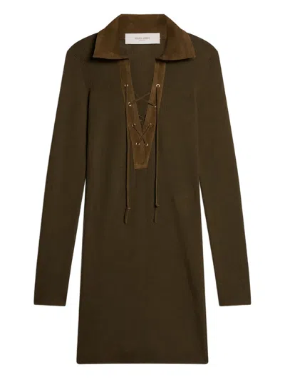 Golden Goose Polo Dress Orly Ribbed Wool Knit Leather Collar In Green