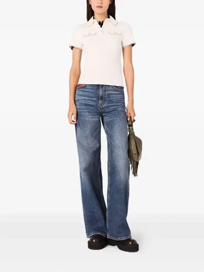 Maje Womens Ecru Flap-pocket Ribbed Stretch-knit Polo Shirt In White