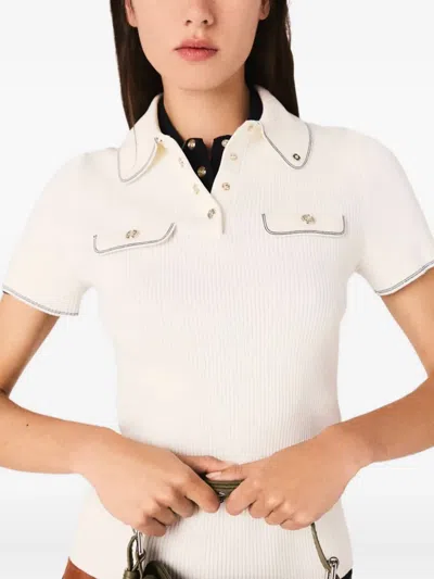 Maje Womens Ecru Flap-pocket Ribbed Stretch-knit Polo Shirt In White