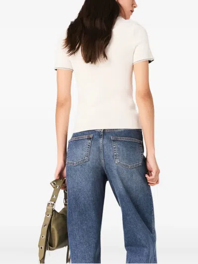 Maje Womens Ecru Flap-pocket Ribbed Stretch-knit Polo Shirt In White