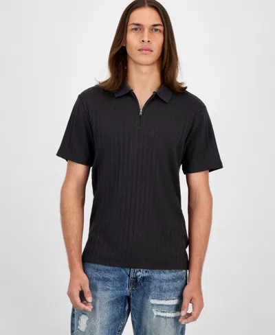 Guess Men's Grady Short Sleeve Textured Quarter-zip Polo Sweater In Black