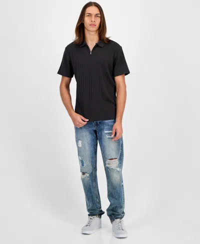 Guess Men's Grady Short Sleeve Textured Quarter-zip Polo Sweater In Black