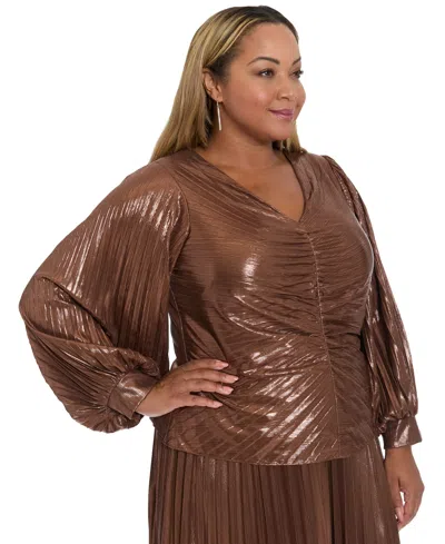 Muse Plus Size Radiating Pleats Long Sleeve Top In Brown