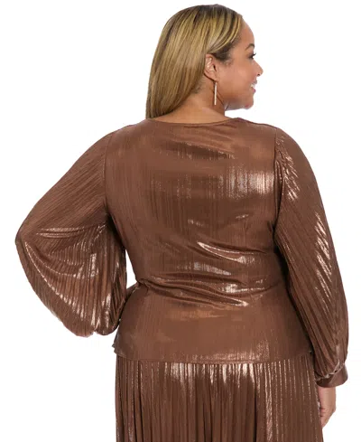 Muse Plus Size Radiating Pleats Long Sleeve Top In Brown