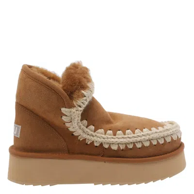 Mou Mini Eskimo Beige Ankle Boots With Logo Patch On The Rear In Leather And Suede Woman In Brown
