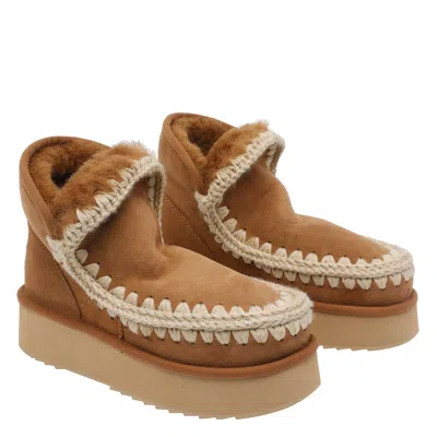 Mou Mini Eskimo Beige Ankle Boots With Logo Patch On The Rear In Leather And Suede Woman In Brown