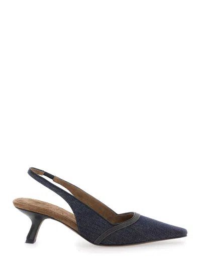 Brunello Cucinelli Denim Pointed-toe Slingback Pumps With Monili Trim In Blue