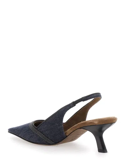 Brunello Cucinelli Denim Pointed-toe Slingback Pumps With Monili Trim In Blue