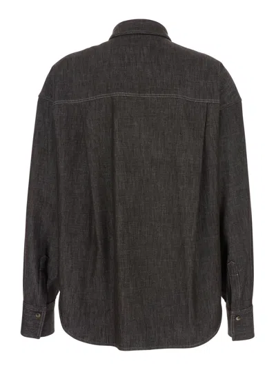 Brunello Cucinelli Brown Shirt With Classic Collar And Monil Detail On The Pocket In Cotton Blend Woman In Gray