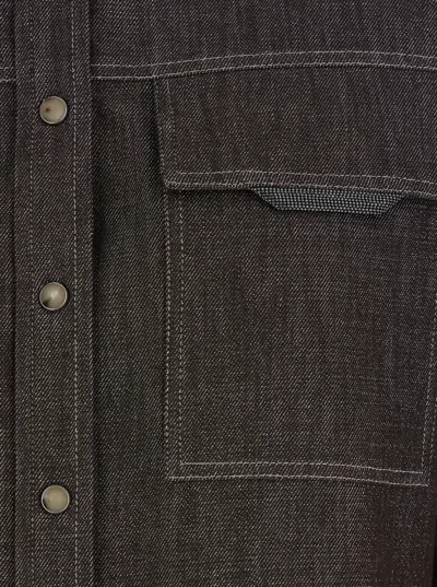 Brunello Cucinelli Brown Shirt With Classic Collar And Monil Detail On The Pocket In Cotton Blend Woman In Gray