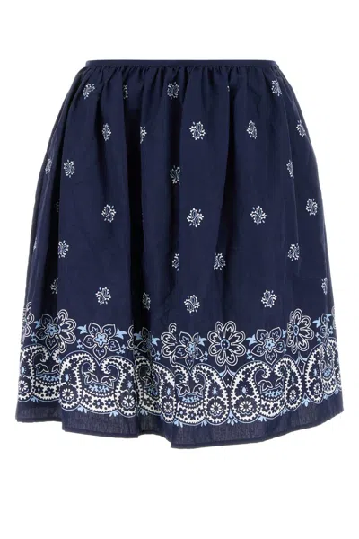 Miu Miu Floral Bordered Gathered Skirt In Blue
