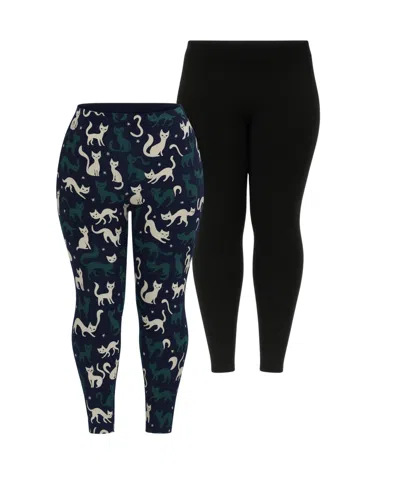 White Mark Plus Size Cat Print Legging Pants, 2-pack In Multi