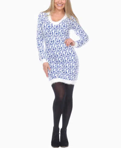 White Mark Women's Fuzzy Knit Sweater Dress In Blue