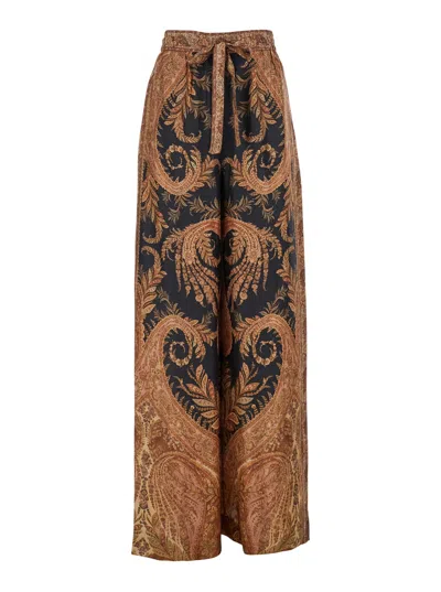 Zimmermann Multicolor Pants With Belt And All-over Paisley Motif In Silk Woman In Brown
