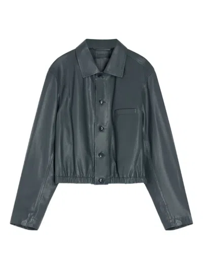 Lemaire Buttoned-up Elasticated Leather Jacket In Gray