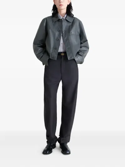 Lemaire Buttoned-up Elasticated Leather Jacket In Gray