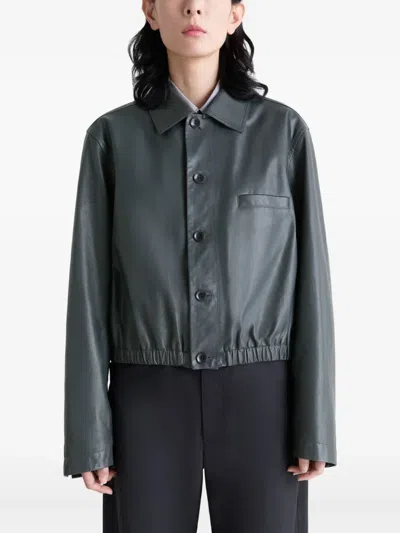 Lemaire Buttoned-up Elasticated Leather Jacket In Gray