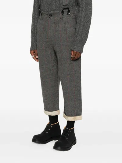 A Tentative Atelier Check-pattern Suspender Trousers In Black