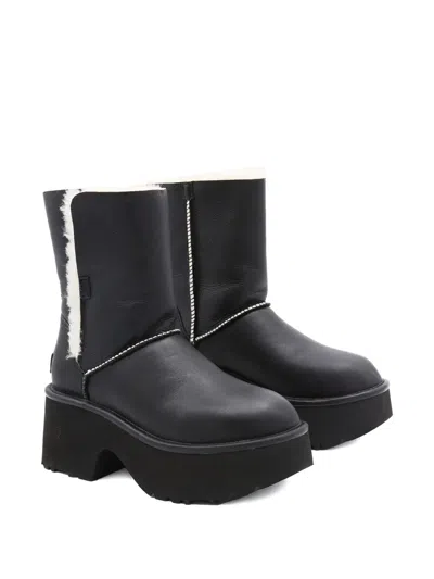 Ugg Fur-trimmed Black Leather Platform Boots With Block Heel In Black