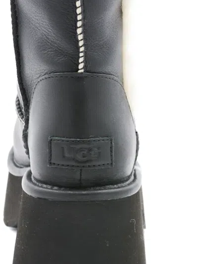 Ugg Fur-trimmed Black Leather Platform Boots With Block Heel In Black