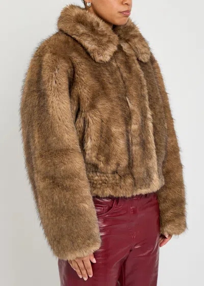 Stand Studio Cropped Faux Fur Jacket With Rounded Collar In Brown