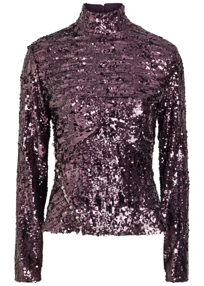 Rabanne Womens Beetroot Purple Mock-neck Sequin Woven Top In Purple